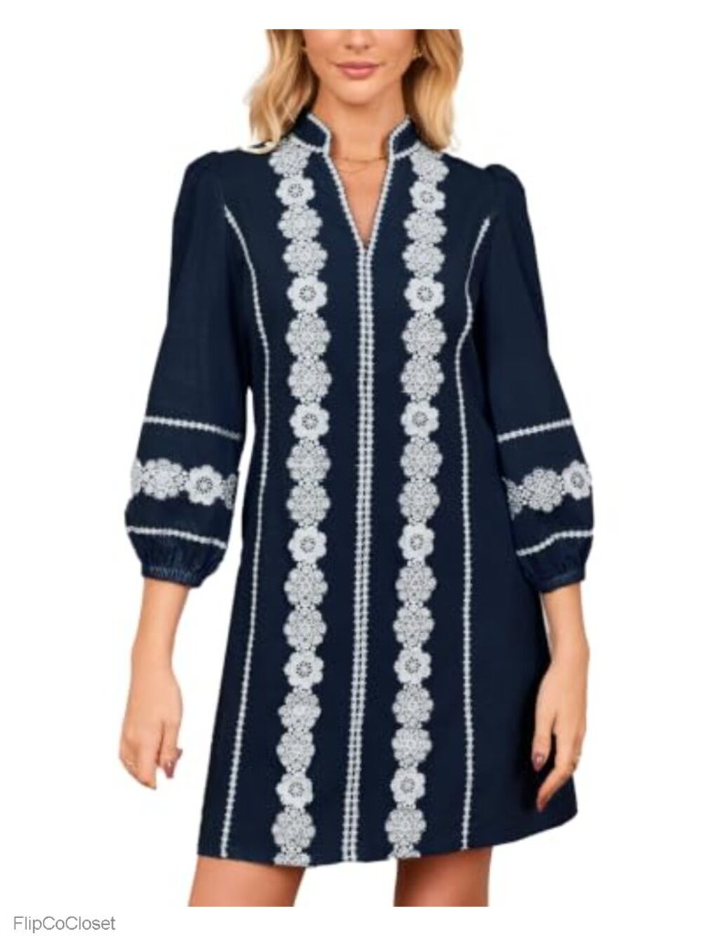 Women's Embroidered Lace Floral Tunic Dress 3/4 Puff Sleeve V Neck Mini Dress